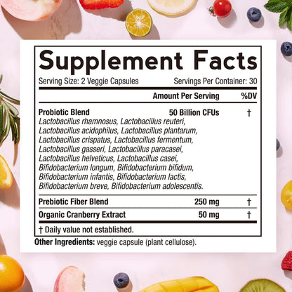 Doctor's Recipes Women's Probiotic, 60 Caps 50 Billion CFU 16 Strains, with Organic Cranberry, Digestive Immune Vaginal & Urinary Health, Shelf Stable - Maple Wellness Supplements