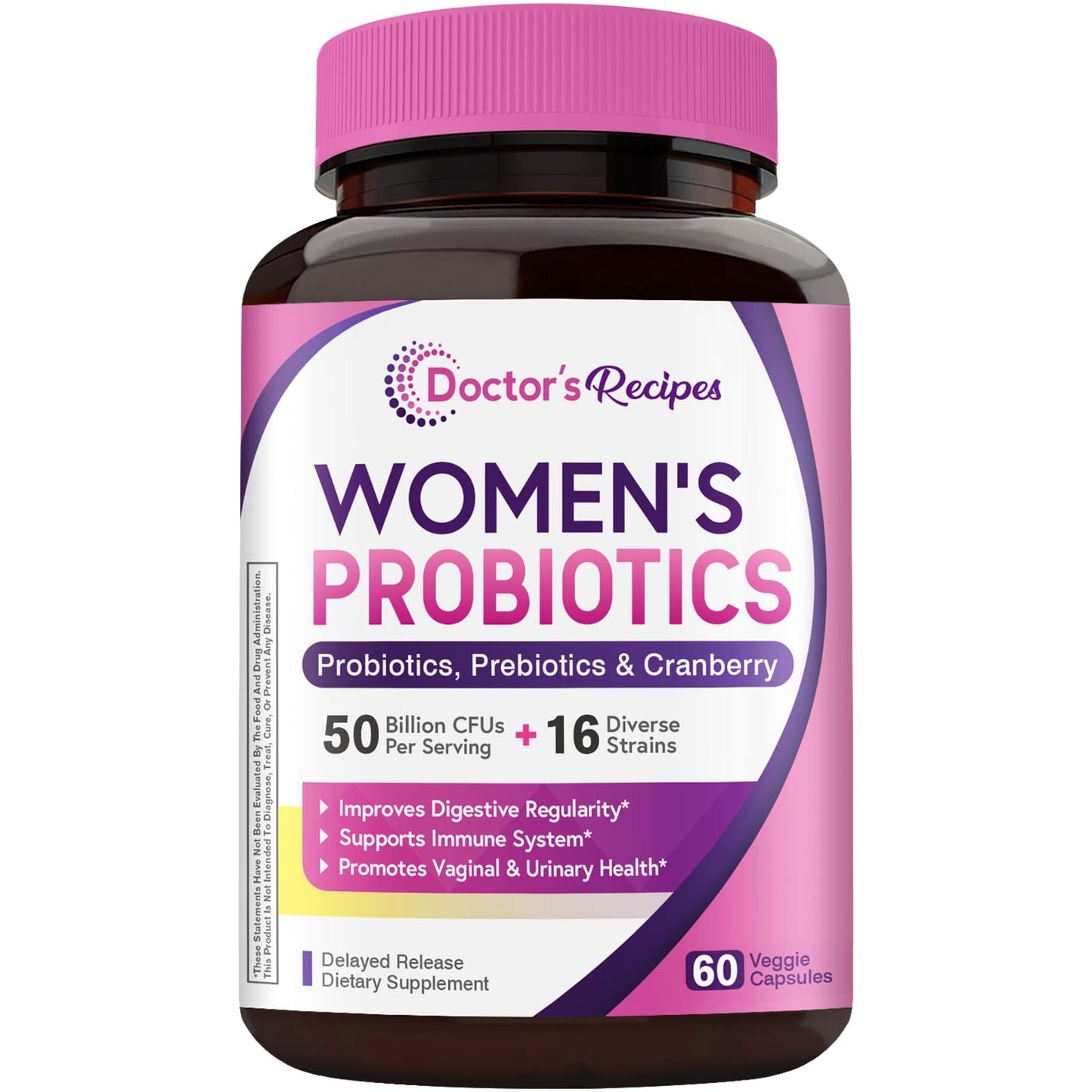 Doctor's Recipes Women's Probiotic, 60 Caps 50 Billion CFU 16 Strains, with Organic Cranberry, Digestive Immune Vaginal & Urinary Health, Shelf Stable - Maple Wellness Supplements