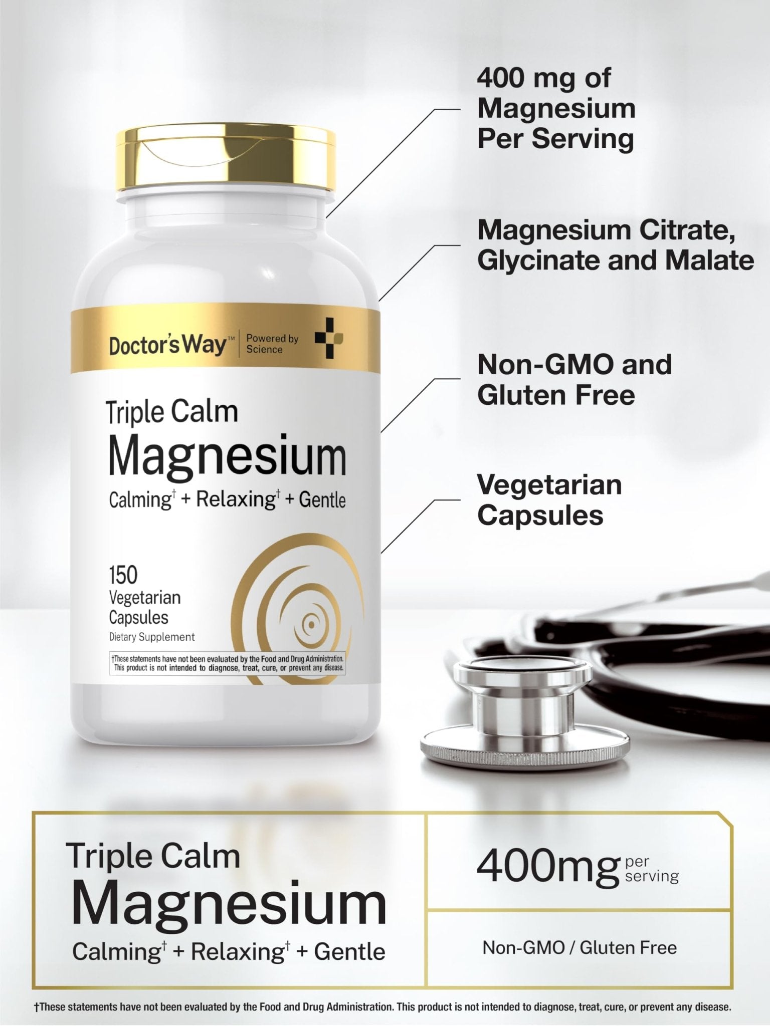 Doctor's Way Triple Magnesium Complex | 150 Capsules | Citrate, Glycinate, & Malate Supplement | Vegetarian, Non-GMO, Gluten Free Formula - Maple Wellness Supplements