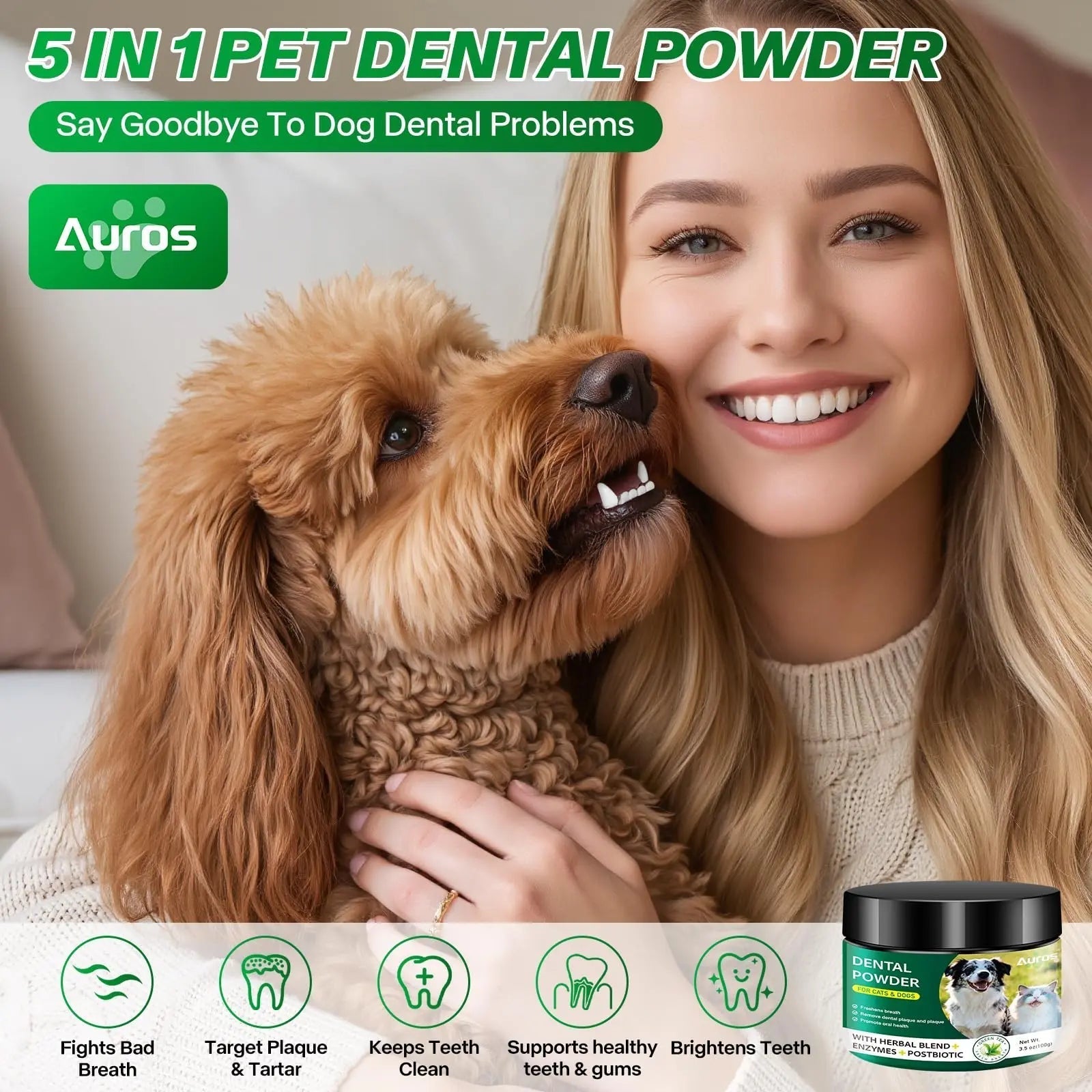 Dog Dental Powder for Teeth Cleaning Plaque & Bad Breath Off, Dental Powder for Dogs Teeth with Natural Herbal Blend & Postbiotics, Dog Teeth Cleaning Powder with Enzymes for Dogs & Cats (3.5oz) - Maple Wellness Supplements