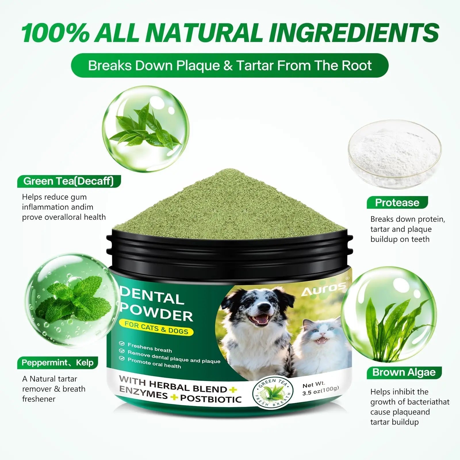 Dog Dental Powder for Teeth Cleaning Plaque & Bad Breath Off, Dental Powder for Dogs Teeth with Natural Herbal Blend & Postbiotics, Dog Teeth Cleaning Powder with Enzymes for Dogs & Cats (3.5oz) - Maple Wellness Supplements