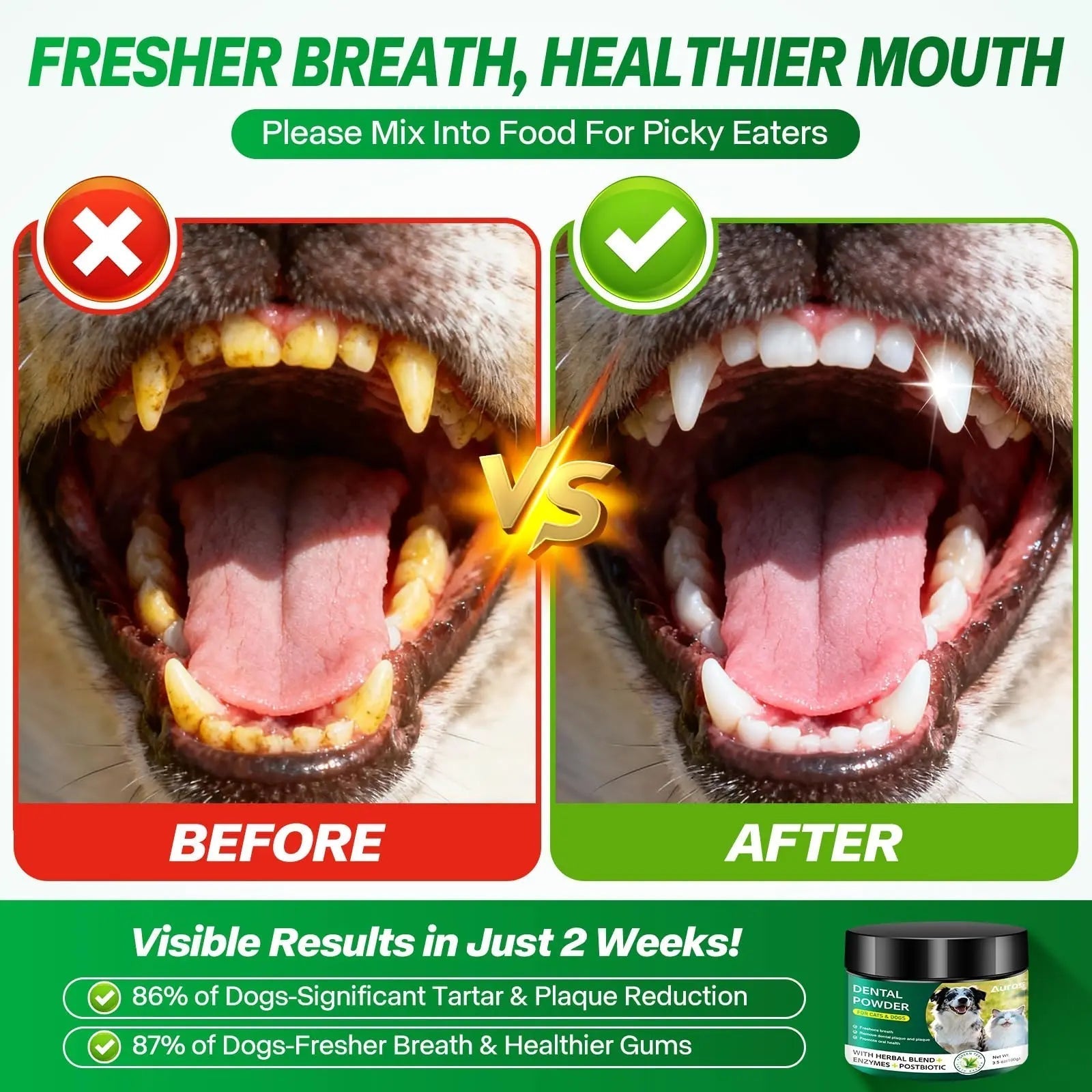 Dog Dental Powder for Teeth Cleaning Plaque & Bad Breath Off, Dental Powder for Dogs Teeth with Natural Herbal Blend & Postbiotics, Dog Teeth Cleaning Powder with Enzymes for Dogs & Cats (3.5oz) - Maple Wellness Supplements