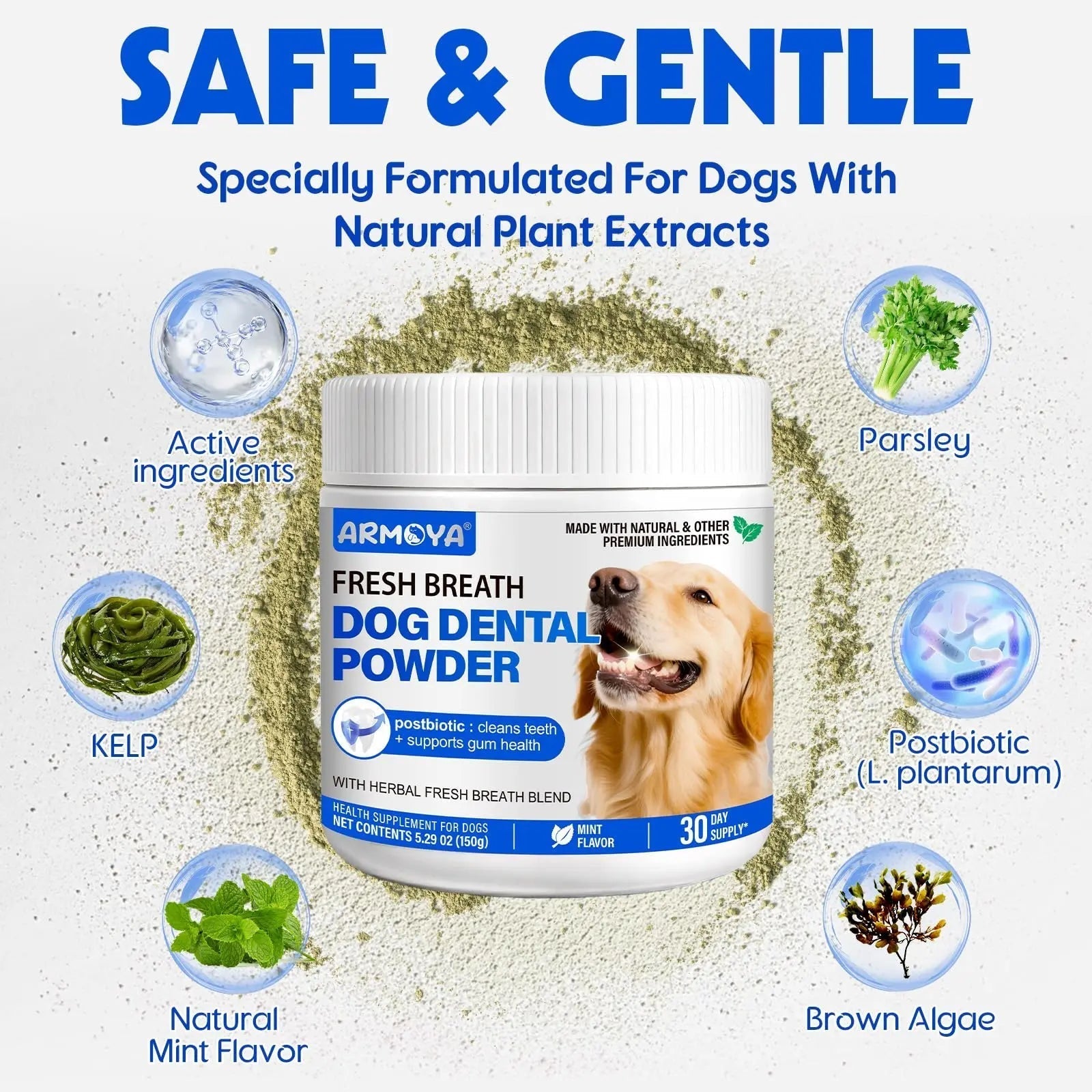 Dog Teeth Cleaning Powder - Dental Powder for Dogs Teeth - Plaque Removal - Supports Gum Health - Tartar Remover with Natural Herb Blend and Postbiotics 30 Day Supply - Mint Flavor - Maple Wellness Supplements