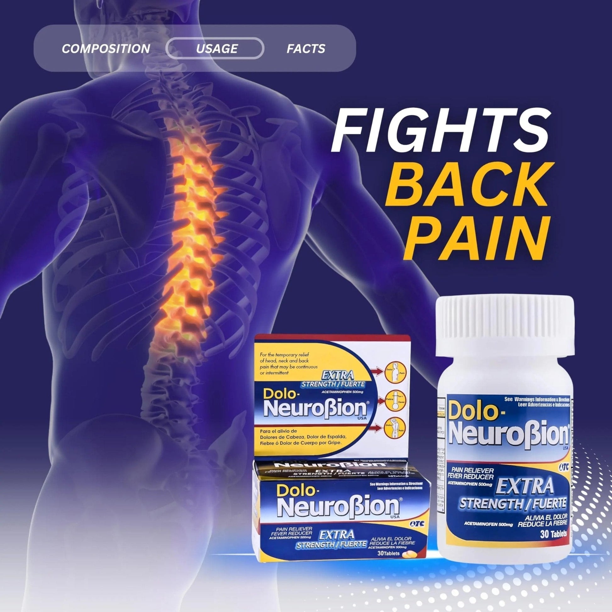 Dolo Neurobion 30 Tablets - Pain Reliever, Fever Reducer, Extra Strength, Fuerte, Alivia el Dolor, Reduce la Fiebre - Maple Wellness Supplements