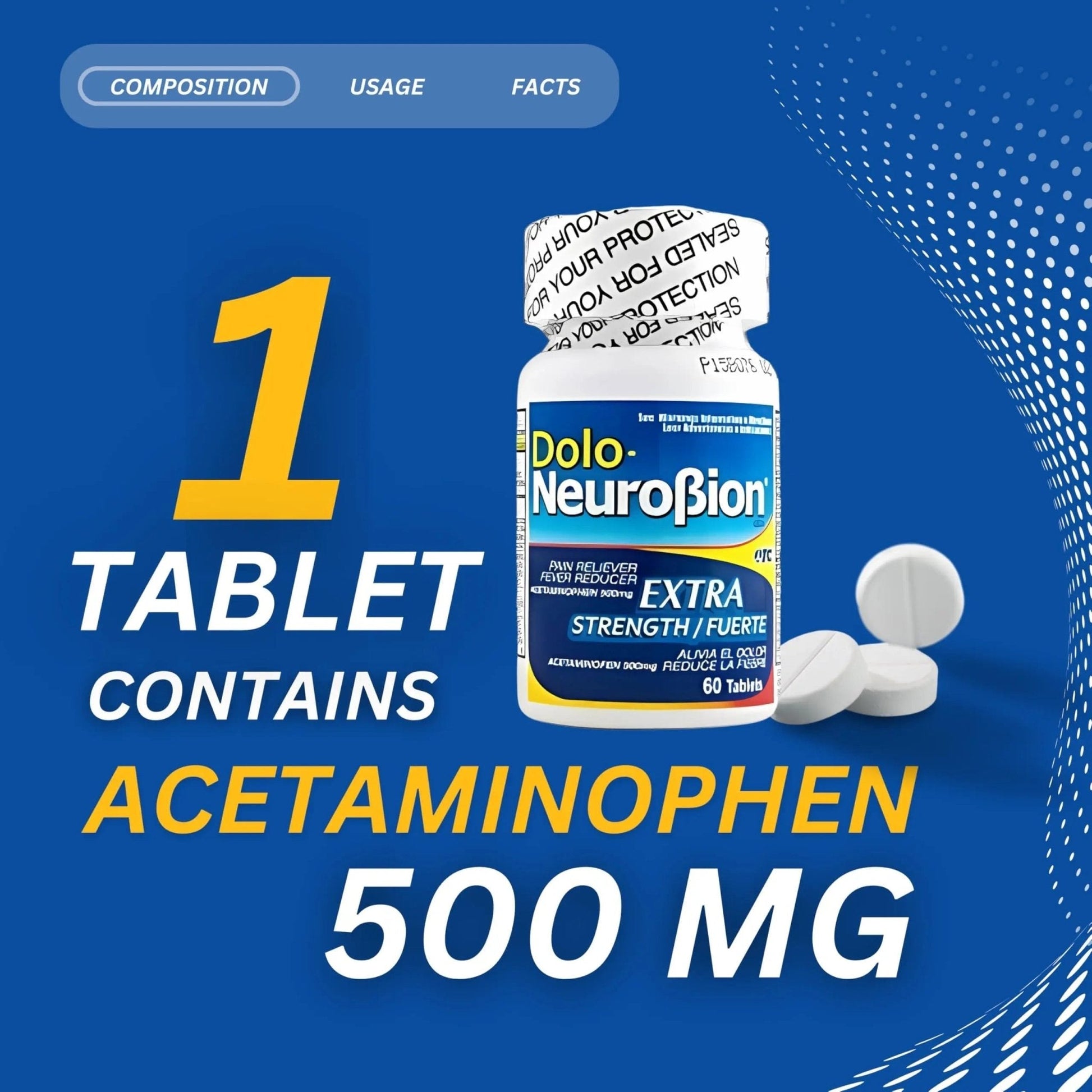 Dolo Neurobion Pain Reliever, Fever Reducer, Extra Strength. Alivia el Dolor,Reduce la Fiebre, Extra Fuerte. 60 Tablets. Acetaminophen 500 mg - Maple Wellness Supplements