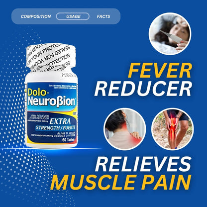 Dolo Neurobion Pain Reliever, Fever Reducer, Extra Strength. Alivia el Dolor,Reduce la Fiebre, Extra Fuerte. 60 Tablets. Acetaminophen 500 mg - Maple Wellness Supplements