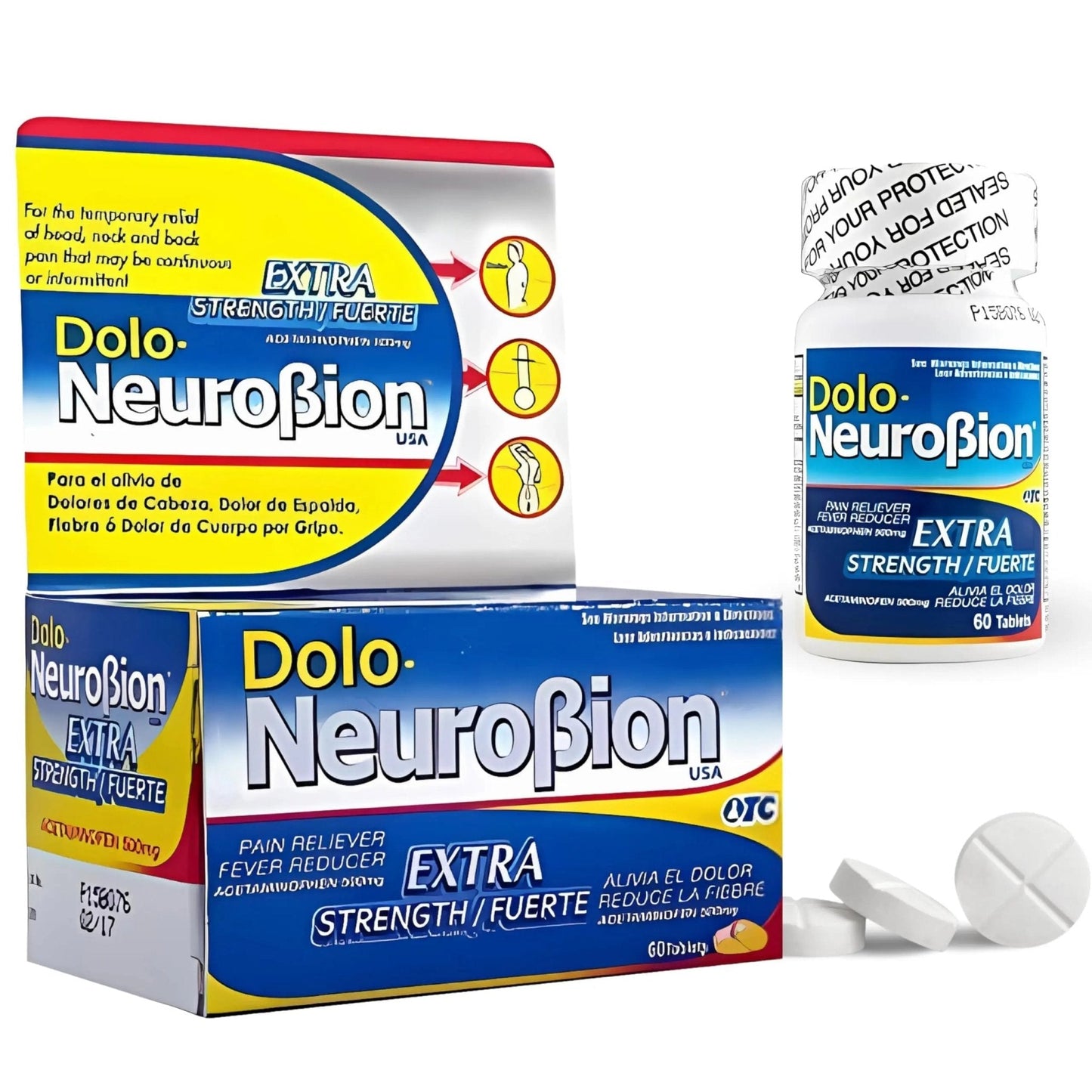 Dolo Neurobion Pain Reliever, Fever Reducer, Extra Strength. Alivia el Dolor,Reduce la Fiebre, Extra Fuerte. 60 Tablets. Acetaminophen 500 mg - Maple Wellness Supplements