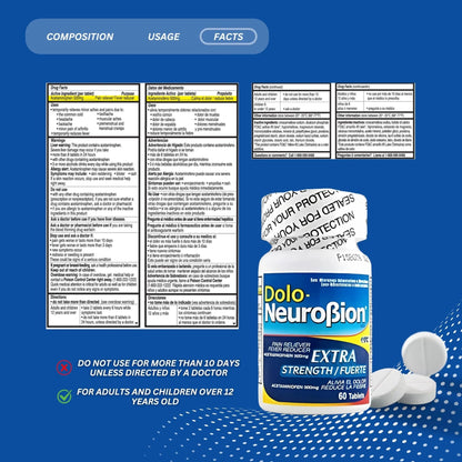 Dolo Neurobion Pain Reliever, Fever Reducer, Extra Strength. Alivia el Dolor,Reduce la Fiebre, Extra Fuerte. 60 Tablets. Acetaminophen 500 mg - Maple Wellness Supplements