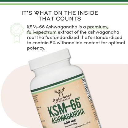 Double Wood Supplements Ashwagandha KSM 66 Organic and Clinically Studied Extract (600mg Per Serving, 120 Capsules, 60 Servings) - Maple Wellness Supplements