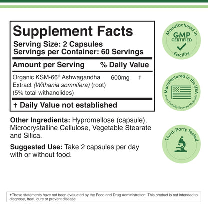 Double Wood Supplements Ashwagandha KSM 66 Organic and Clinically Studied Extract (600mg Per Serving, 120 Capsules, 60 Servings) - Maple Wellness Supplements