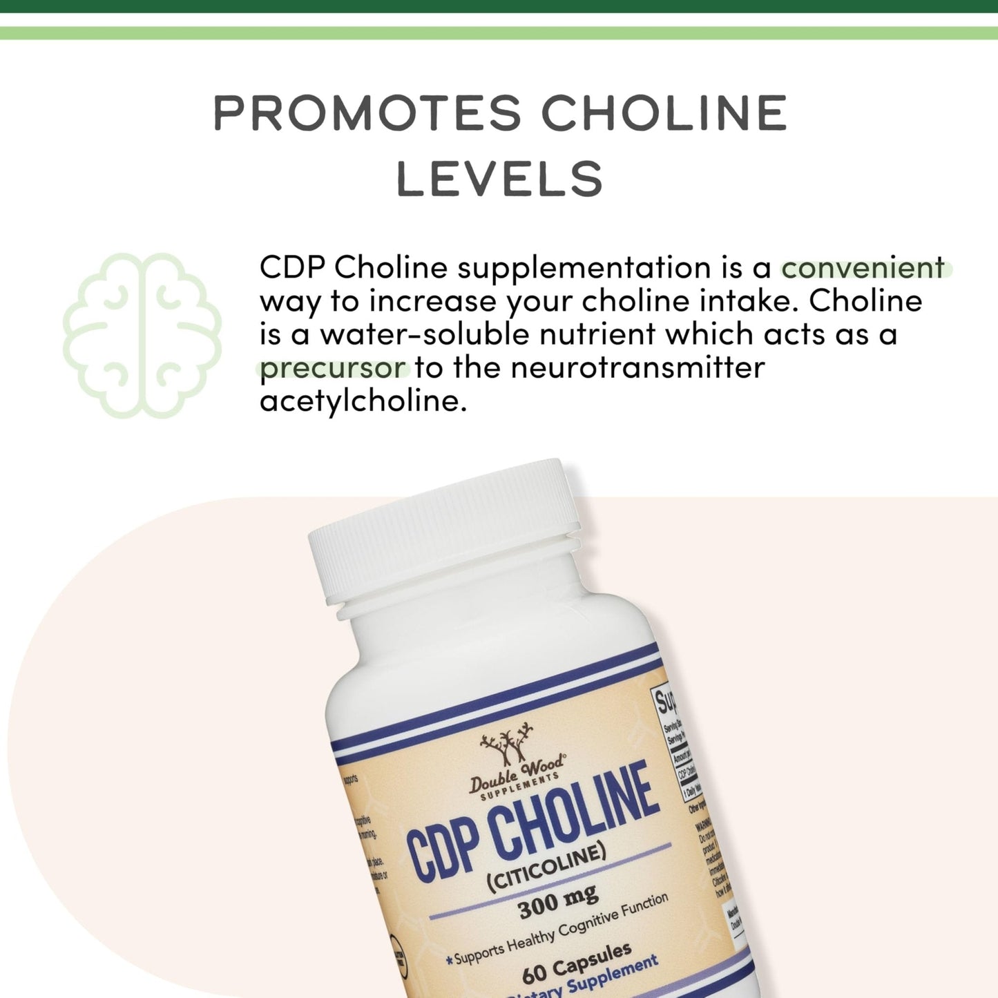 Double Wood Supplements CDP Choline (Citicoline) Supplement, Pharmaceutical Grade, Third Party Tested (60 Capsules 300mg) - Maple Wellness Supplements