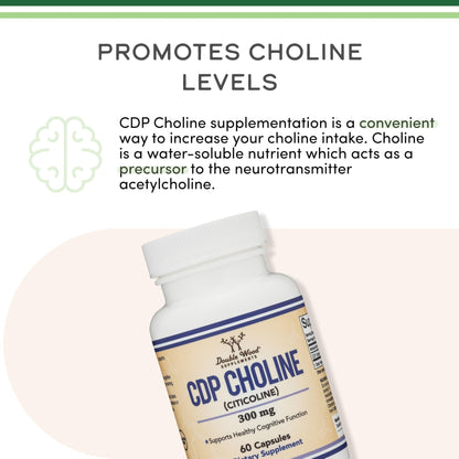 Double Wood Supplements CDP Choline (Citicoline) Supplement, Pharmaceutical Grade, Third Party Tested (60 Capsules 300mg) - Maple Wellness Supplements