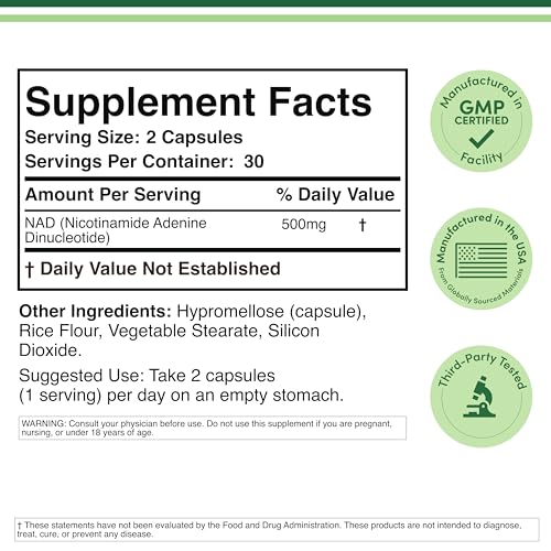 Double Wood Supplements NAD+ Anti Aging & Cell Regeneration | 500mg of 95% Pure NAD Plus Per Serving, 30 Day Supply | Similar to Nicotinamide Riboside - Maple Wellness Supplements