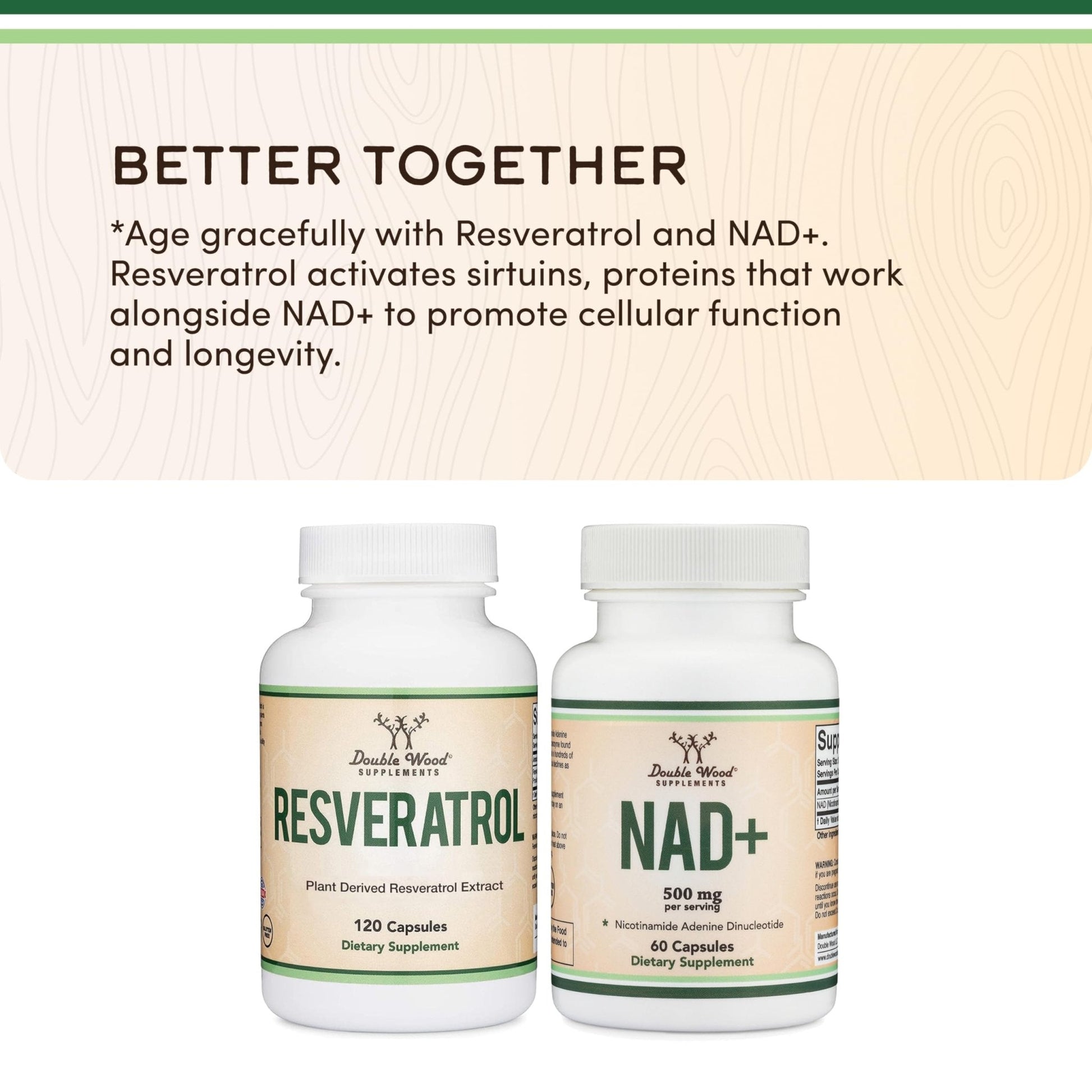 Double Wood Supplements NAD+ Anti Aging & Cell Regeneration | 500mg of 95% Pure NAD Plus Per Serving, 30 Day Supply | Similar to Nicotinamide Riboside - Maple Wellness Supplements