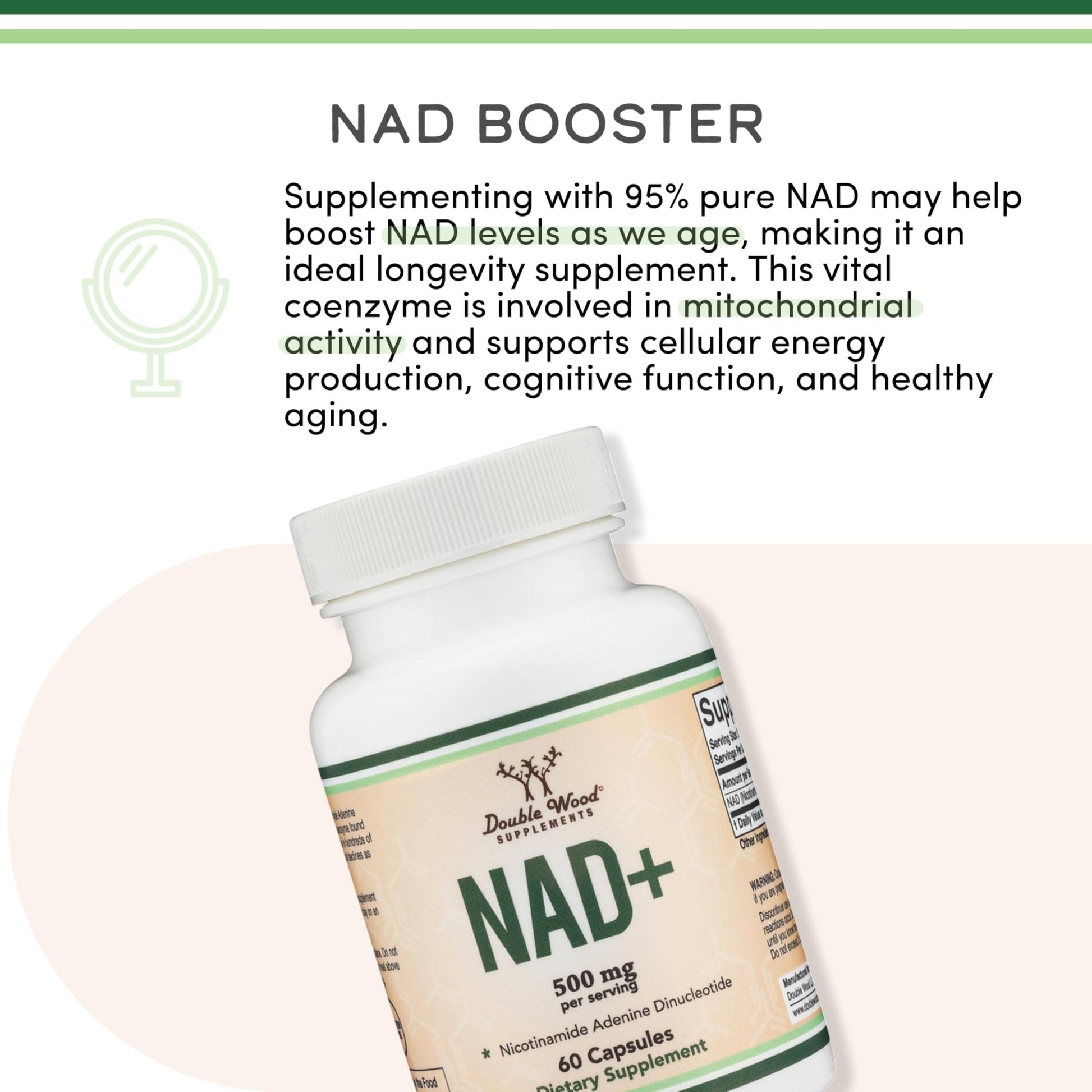 Double Wood Supplements NAD+ Anti Aging & Cell Regeneration | 500mg of 95% Pure NAD Plus Per Serving, 30 Day Supply | Similar to Nicotinamide Riboside - Maple Wellness Supplements