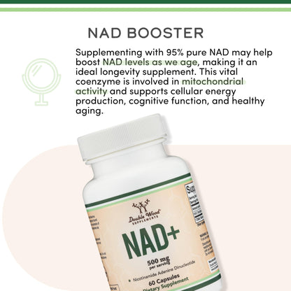 Double Wood Supplements NAD+ Anti Aging & Cell Regeneration | 500mg of 95% Pure NAD Plus Per Serving, 30 Day Supply | Similar to Nicotinamide Riboside - Maple Wellness Supplements