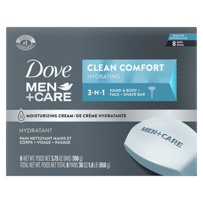 DOVE MEN + CARE Body and Face Bar To Clean and Hydrate Skin Body and Facial Cleanser More Moisturizing Than Bar Soap 3.75 oz 8 Bars - Maple Wellness Supplements