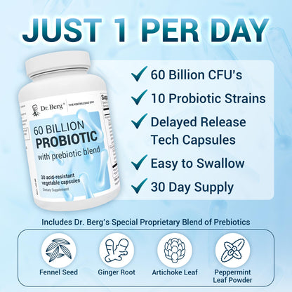 Dr. Berg 60 Billion Probiotic Supplement - Probiotics for Men & Women - Pre and Probiotics - Maple Wellness Supplements