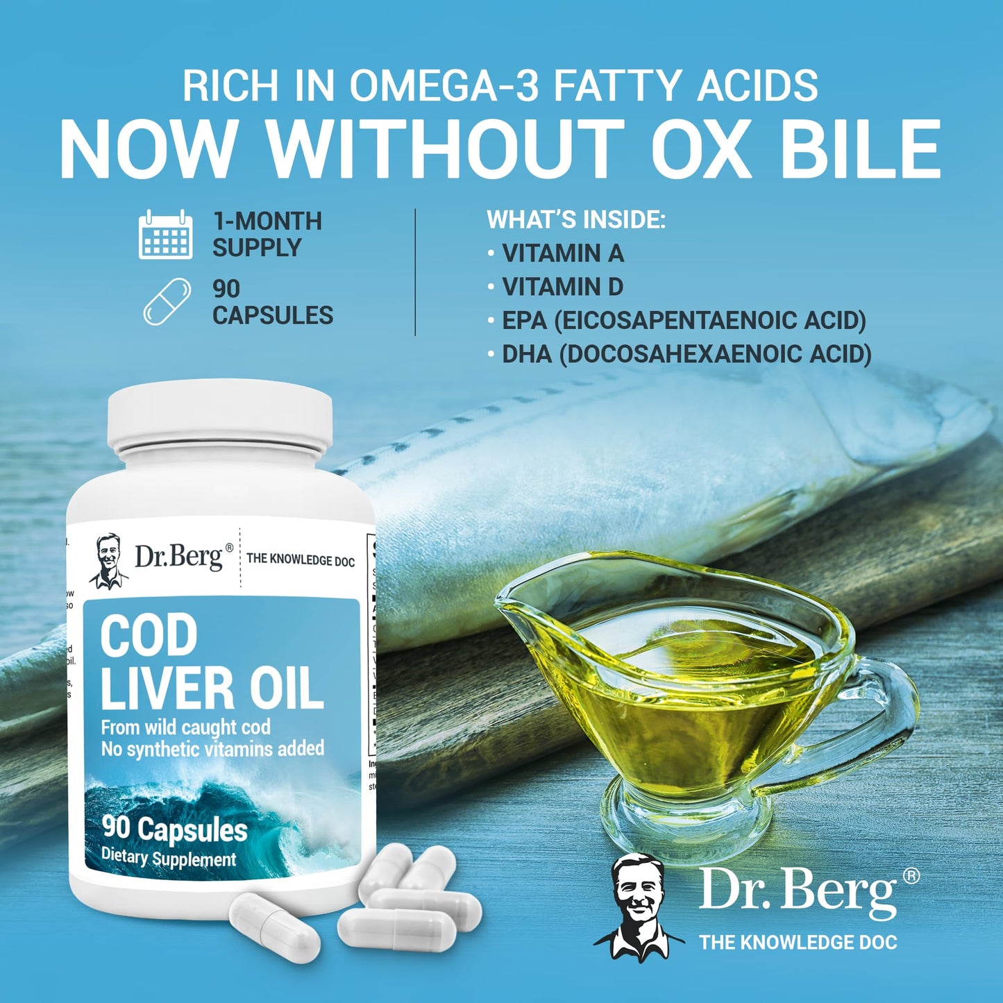 Dr. Berg Cod Liver Oil Capsules - New Formula Without OxBile - Rich in Omega-3 Fatty - Maple Wellness Supplements