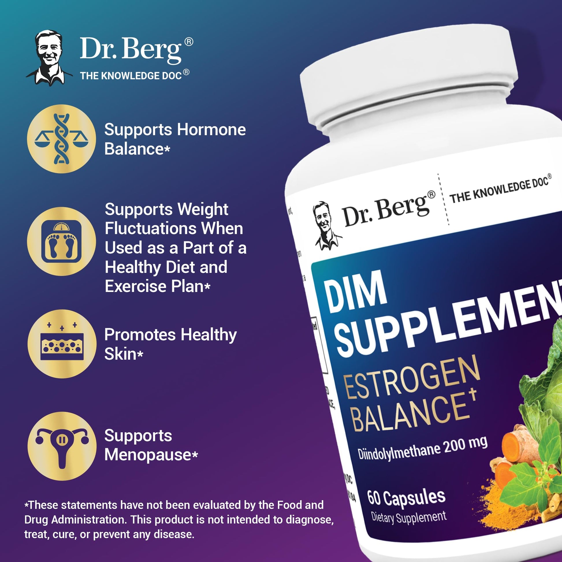 Dr. Berg DIM Supplement Estrogen Balance - Original Estrogen Supplement for Women with Diindolylmethane for Menstrual Symptoms & Menopause Relief & Black Pepper for Enhanced Absorption - 60 Capsules - Maple Wellness Supplements