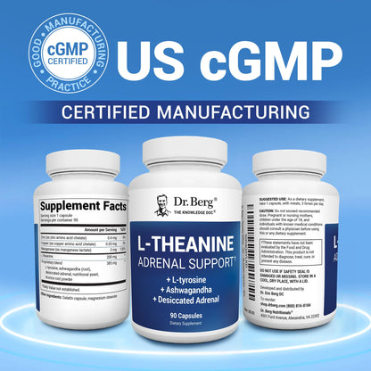 Dr. Berg L-Theanine 200mg - Includes Zinc, Copper, L-Tyrosine, & Ashwagandha – L-Theanine Supplement Adrenal Support - for Relaxation, Stress Relief, and Mental Clarity* – 90 Gelatin Capsules - Maple Wellness Supplements
