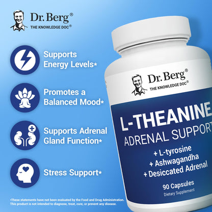 Dr. Berg L-Theanine 200mg - Includes Zinc, Copper, L-Tyrosine, & Ashwagandha – L-Theanine Supplement Adrenal Support - for Relaxation, Stress Relief, and Mental Clarity* – 90 Gelatin Capsules - Maple Wellness Supplements