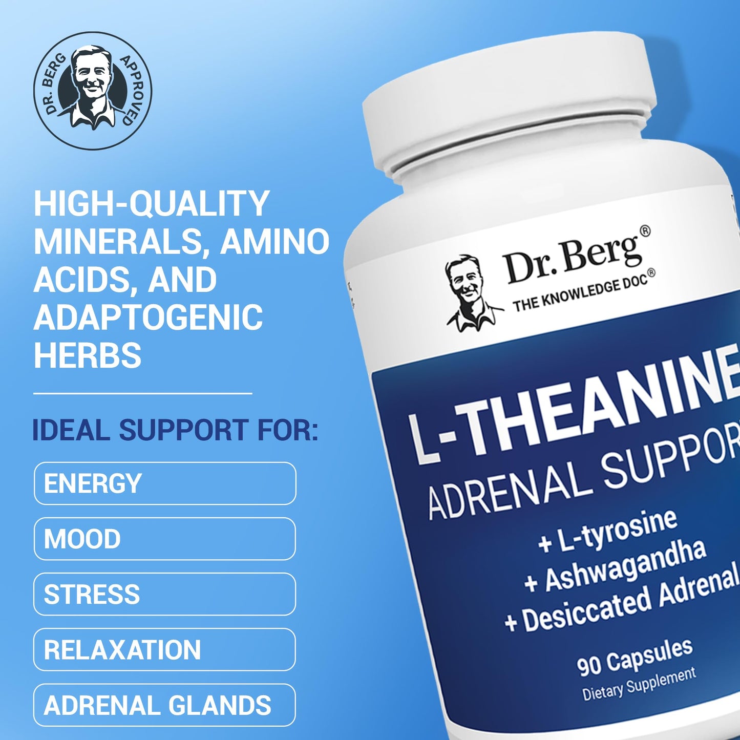 Dr. Berg L-Theanine 200mg - Includes Zinc, Copper, L-Tyrosine, & Ashwagandha – L-Theanine Supplement Adrenal Support - for Relaxation, Stress Relief, and Mental Clarity* – 90 Gelatin Capsules - Maple Wellness Supplements