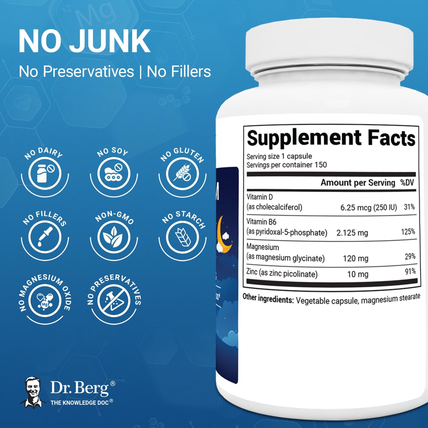 Dr. Berg Magnesium Glycinate 150ct – 4-in-1 Chelated for Muscle, Nerve, Sleep & Stress Support*– w/ D3, B6 & Zinc – 4X Lab-Tested - Maple Wellness Supplements