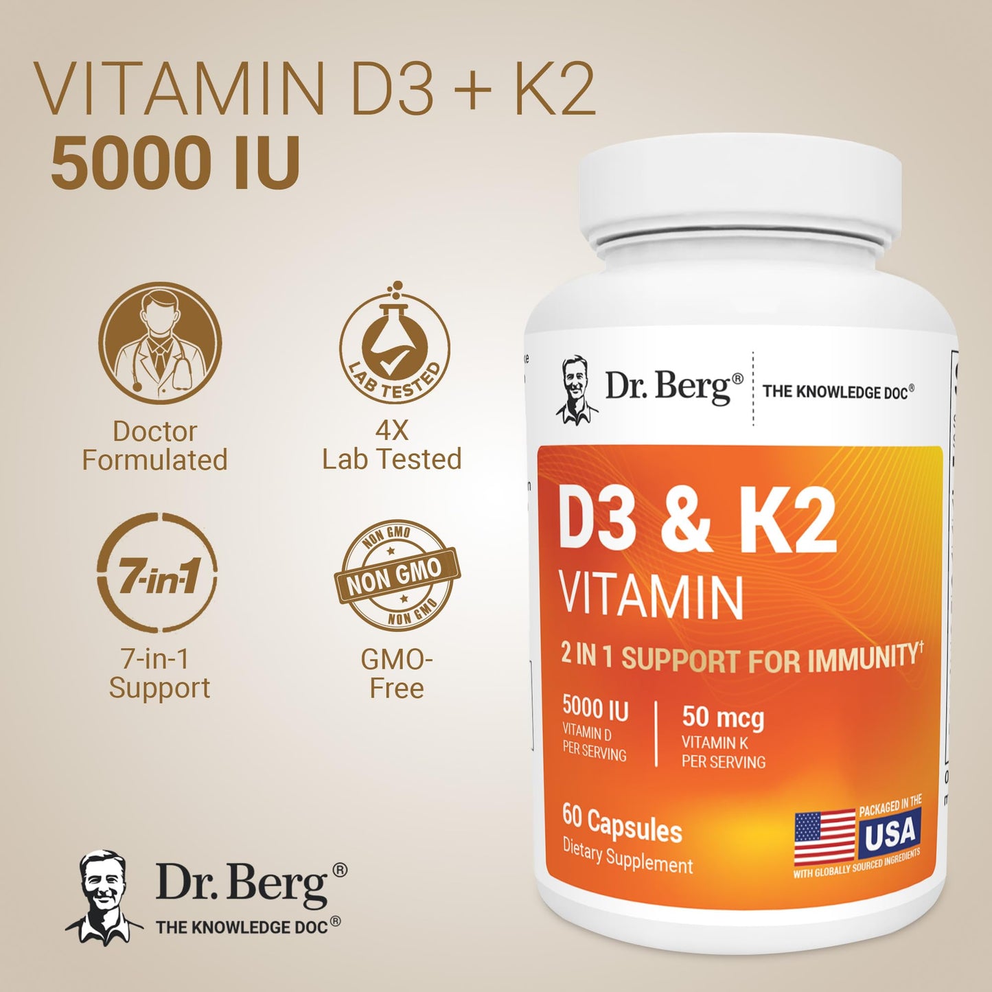 Dr. Berg Maximum Strength 2-in-1 Vitamin D3 K2 5,000 IU | Naturally Derived D3 | 4X Lab-Tested & Verified | High Absorption Formula - Maple Wellness Supplements