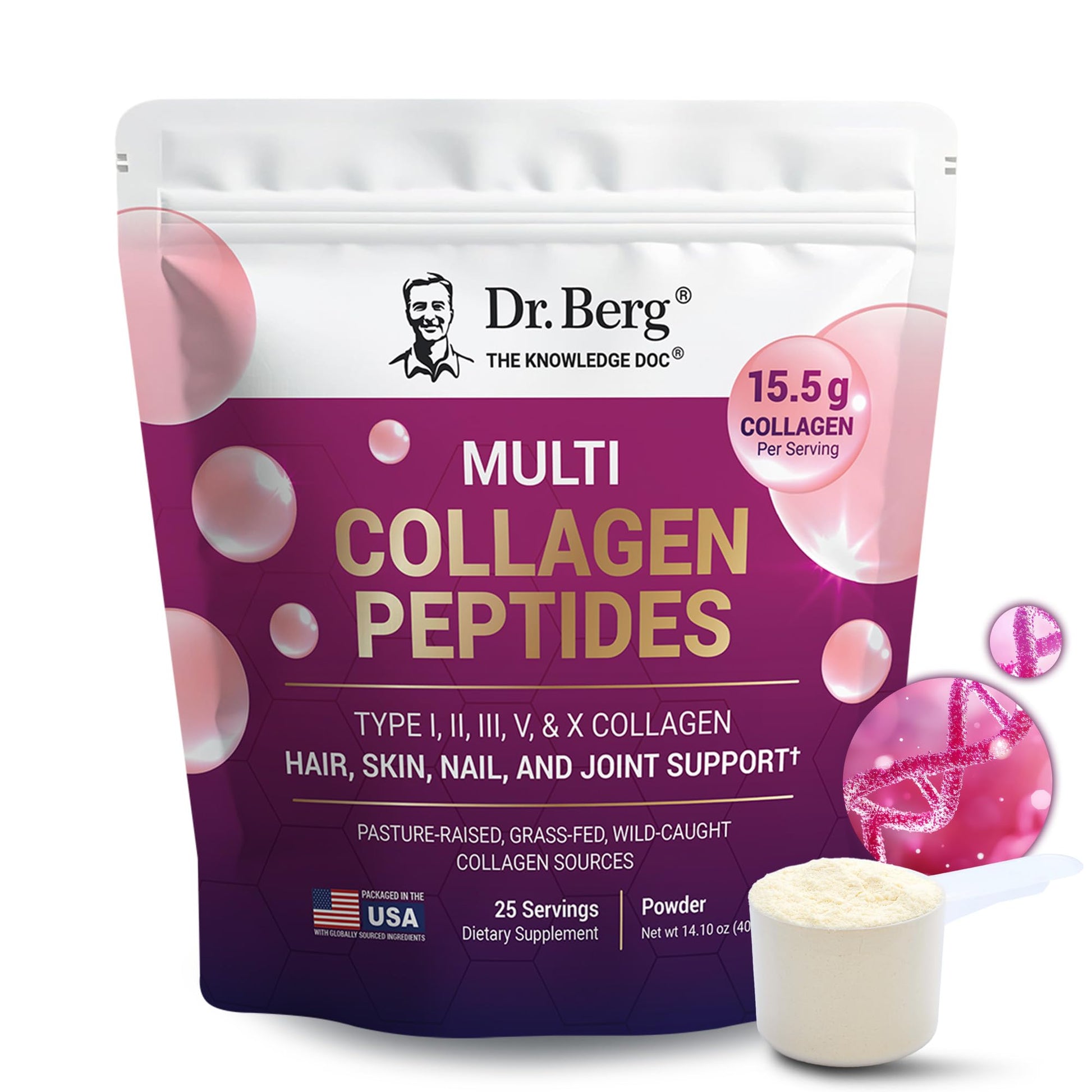 Dr. Berg Multi Collagen Peptides Powder Types I, II, III, V, X - Unflavored Collagen Powder w/ 14 g of Protein - Grass-Fed - Maple Wellness Supplements