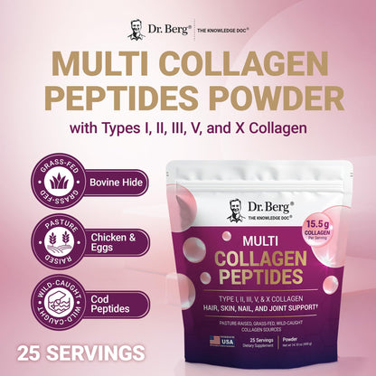 Dr. Berg Multi Collagen Peptides Powder Types I, II, III, V, X - Unflavored Collagen Powder w/ 14 g of Protein - Grass-Fed - Maple Wellness Supplements