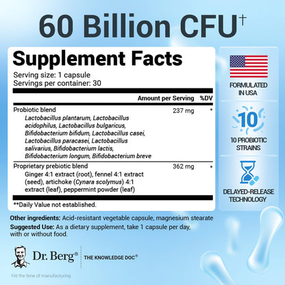 Dr. Berg Probiotic Supplement (60 Billion CFUs) - Helps Ease Occasional Constipation, Diarrhea, Gas & Bloating* - Pre and Probiotics for Digestive Health - 30 Probiotic Capsules - Maple Wellness Supplements