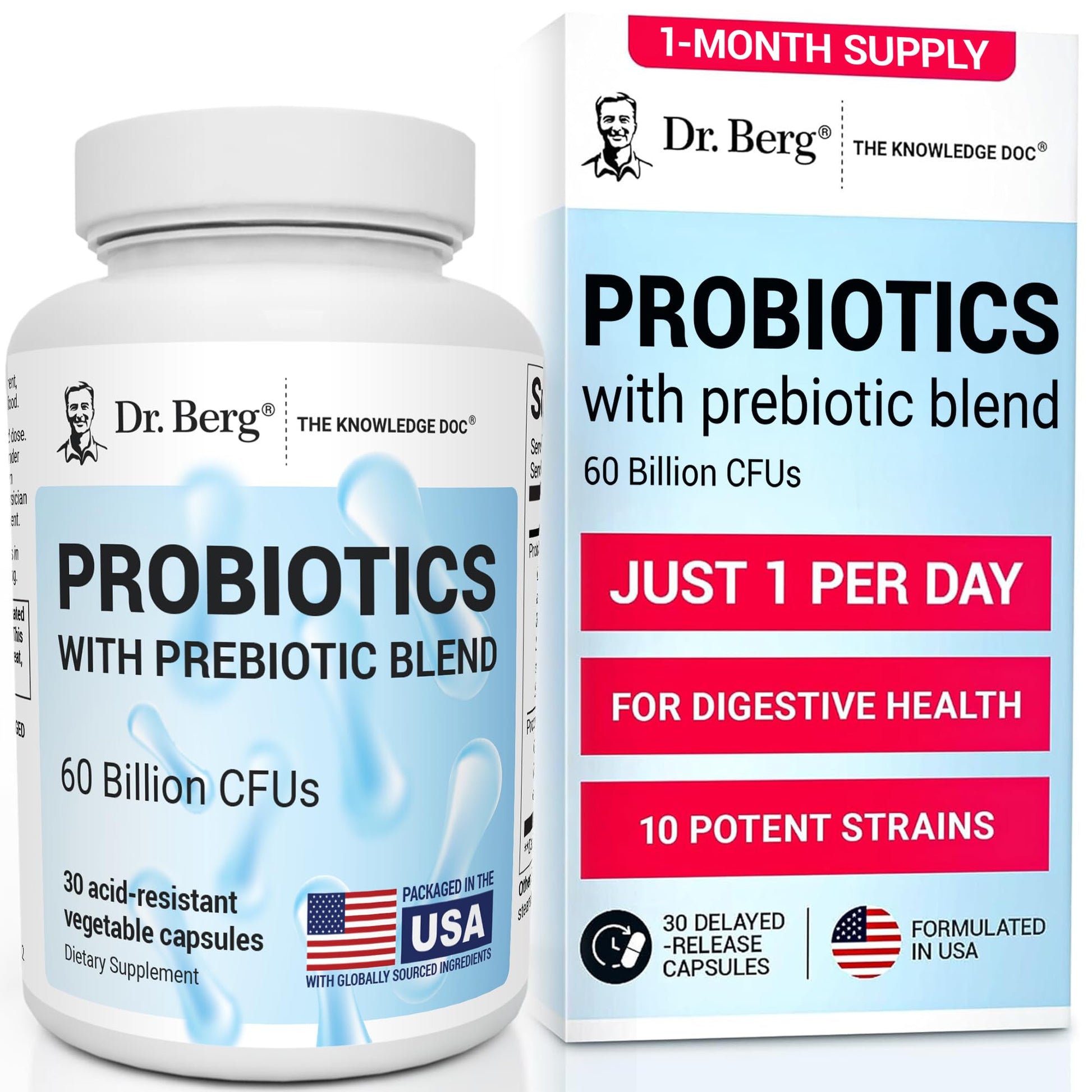 Dr. Berg Probiotic Supplement (60 Billion CFUs) - Helps Ease Occasional Constipation, Diarrhea, Gas & Bloating* - Pre and Probiotics for Digestive Health - 30 Probiotic Capsules - Maple Wellness Supplements