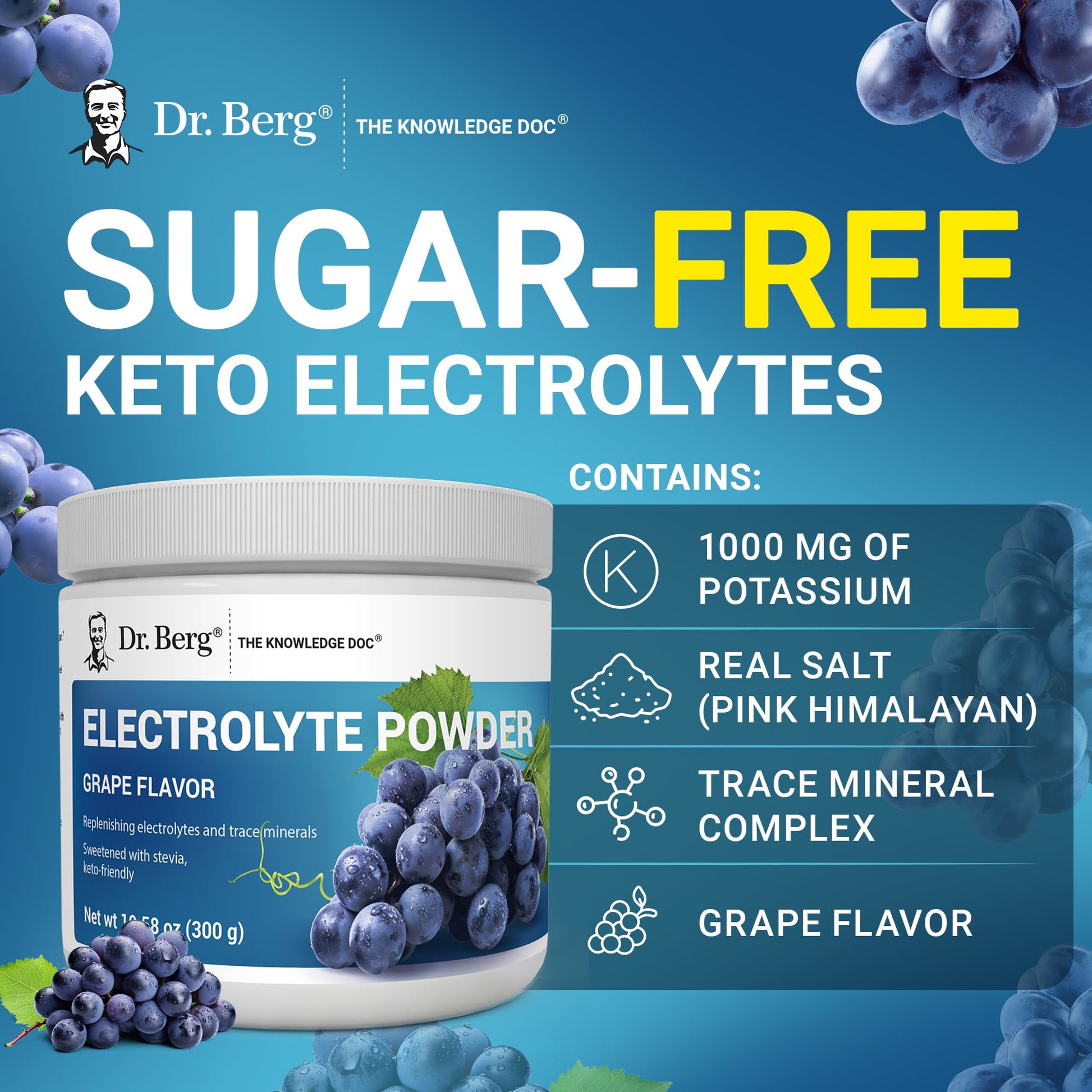 Dr. Berg Zero Sugar Hydration Keto Electrolyte Powder - Enhanced w/ 1000 mg of Potassium & Real Pink Himalayan Salt (NOT Table Salt) - Grape Flavor Hydration Drink Mix Supplement - 50 Servings - Maple Wellness Supplements