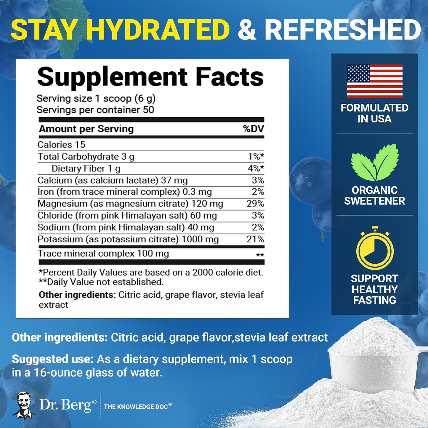Dr. Berg Zero Sugar Hydration Keto Electrolyte Powder - Enhanced w/ 1000 mg of Potassium & Real Pink Himalayan Salt (NOT Table Salt) - Grape Flavor Hydration Drink Mix Supplement - 50 Servings - Maple Wellness Supplements