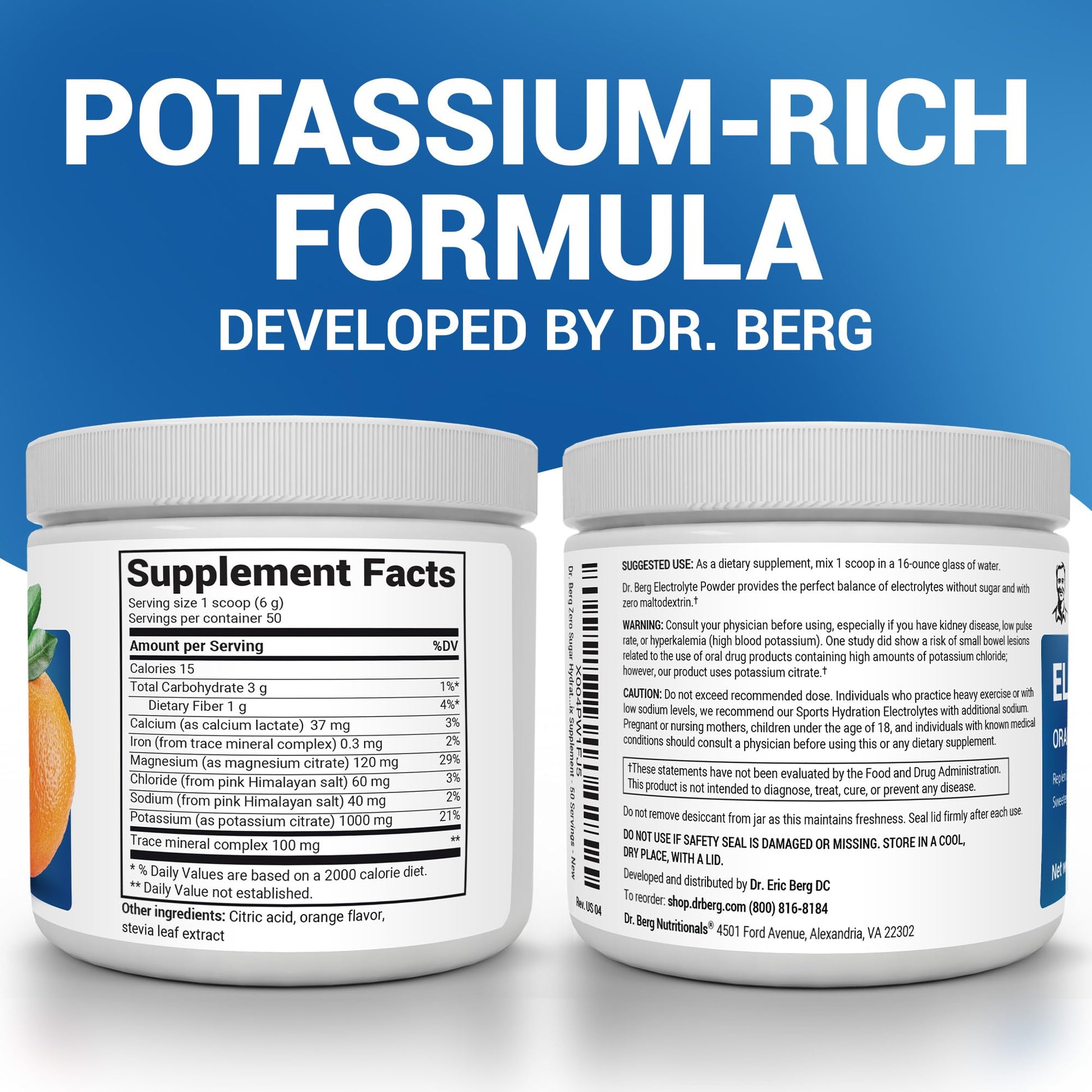 Dr. Berg Zero Sugar Hydration Keto Electrolyte Powder - Enhanced w/ 1000 mg of Potassium & Real Pink Himalayan Salt (NOT Table Salt) - Orange Flavor Hydration Drink Mix Supplement - 50 Servings - Maple Wellness Supplements