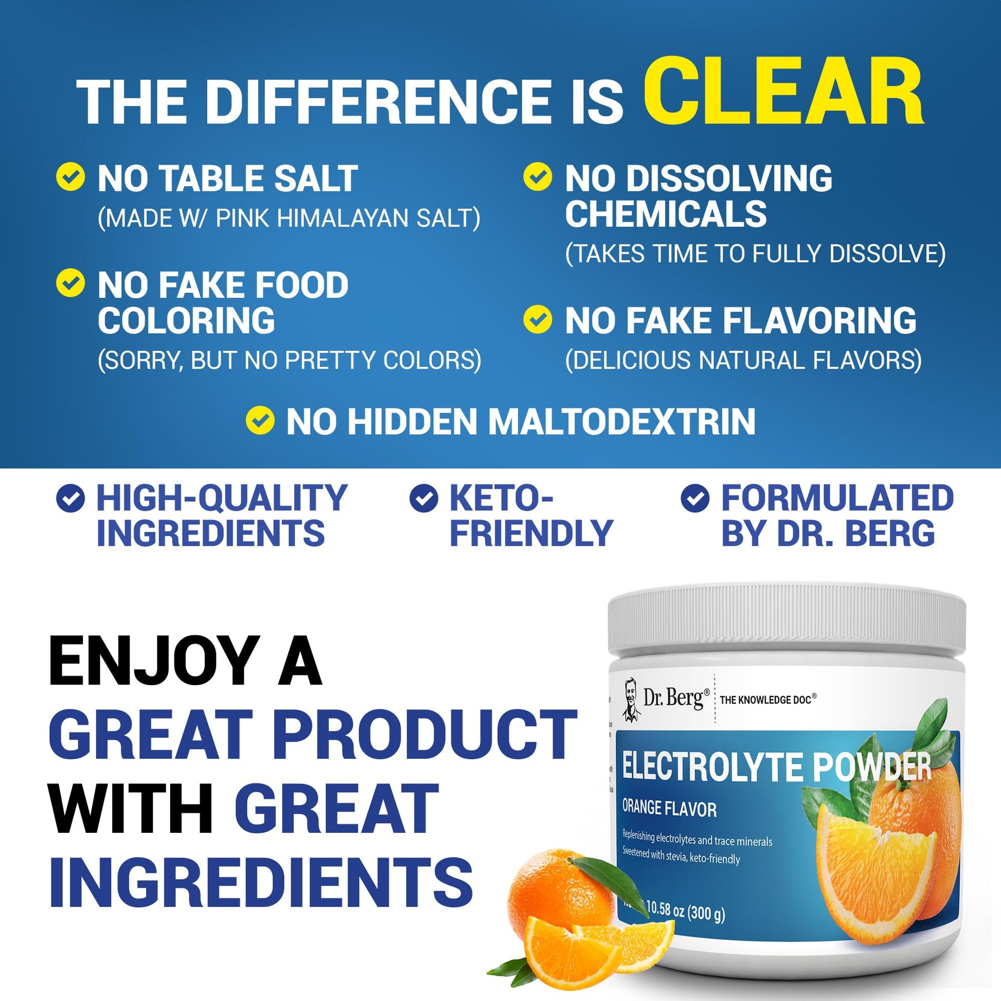 Dr. Berg Zero Sugar Hydration Keto Electrolyte Powder - Enhanced w/ 1000 mg of Potassium & Real Pink Himalayan Salt (NOT Table Salt) - Orange Flavor Hydration Drink Mix Supplement - 50 Servings - Maple Wellness Supplements