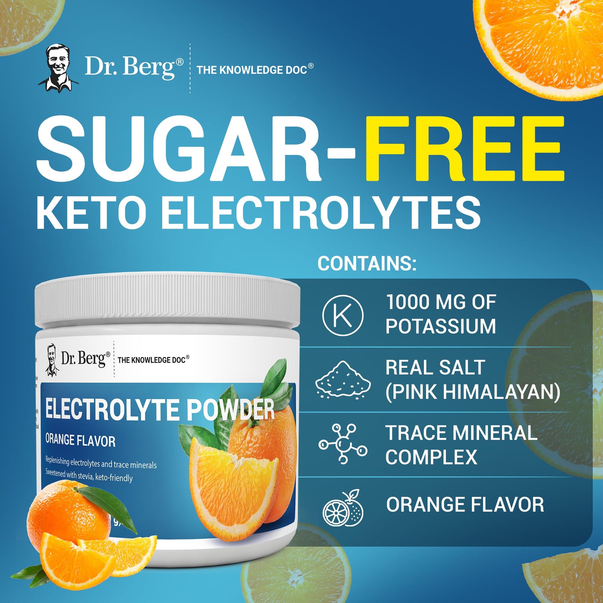 Dr. Berg Zero Sugar Hydration Keto Electrolyte Powder - Enhanced w/ 1000 mg of Potassium & Real Pink Himalayan Salt (NOT Table Salt) - Orange Flavor Hydration Drink Mix Supplement - 50 Servings - Maple Wellness Supplements