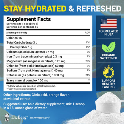 Dr. Berg Zero Sugar Hydration Keto Electrolyte Powder - Enhanced w/ 1000 mg of Potassium & Real Pink Himalayan Salt (NOT Table Salt) - Orange Flavor Hydration Drink Mix Supplement - 50 Servings - Maple Wellness Supplements
