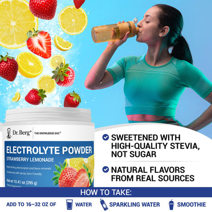 Dr. Berg Zero Sugar Hydration Keto Electrolyte Powder - Enhanced w/ 1000 mg of Potassium & Real Pink Himalayan Salt (NOT Table Salt) - Strawberry Lemonade Hydration Drink Supplement - 50 Servings - Maple Wellness Supplements