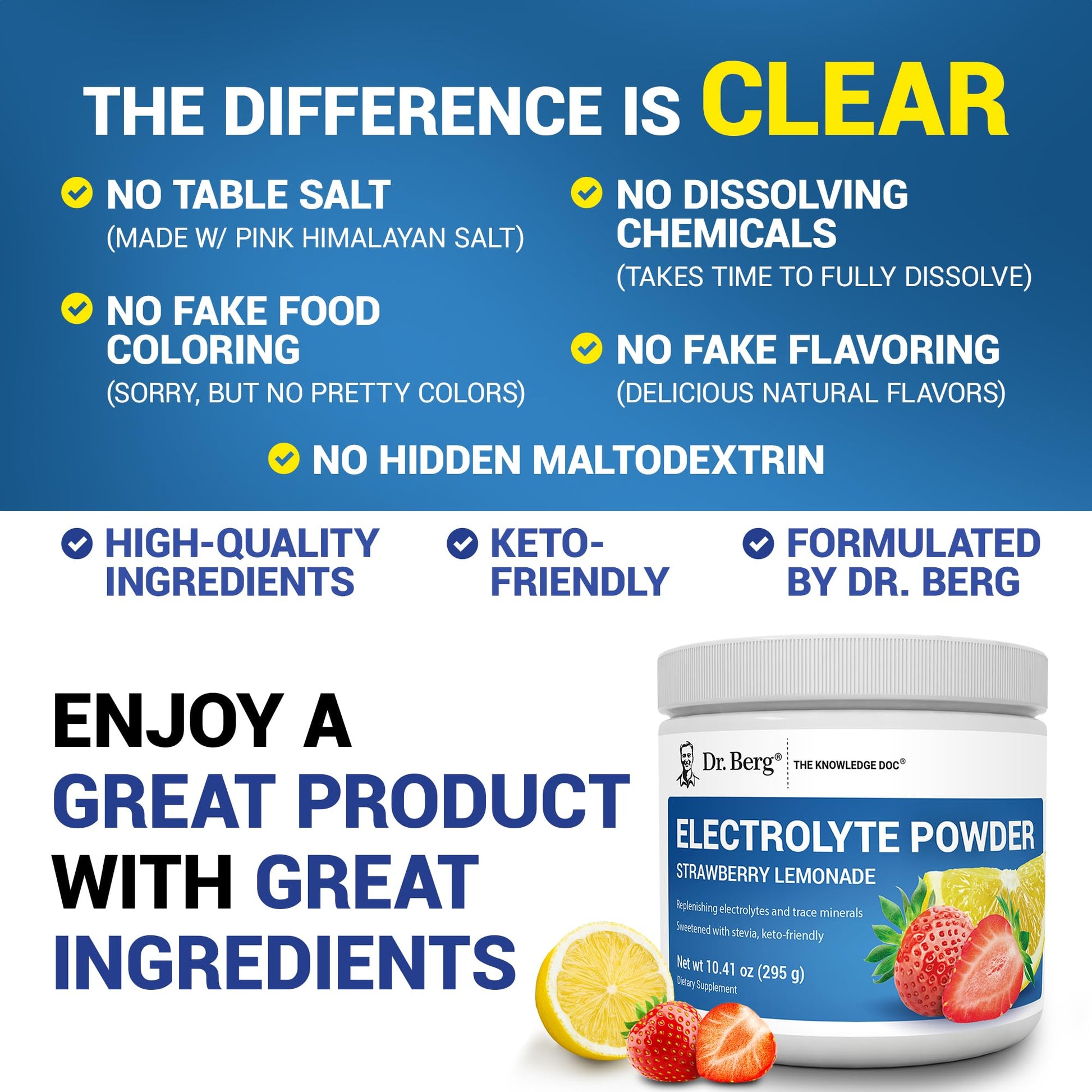 Dr. Berg Zero Sugar Hydration Keto Electrolyte Powder - Enhanced w/ 1000 mg of Potassium & Real Pink Himalayan Salt (NOT Table Salt) - Strawberry Lemonade Hydration Drink Supplement - 50 Servings - Maple Wellness Supplements