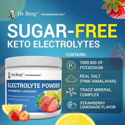 Dr. Berg Zero Sugar Hydration Keto Electrolyte Powder - Enhanced w/ 1000 mg of Potassium & Real Pink Himalayan Salt (NOT Table Salt) - Strawberry Lemonade Hydration Drink Supplement - 50 Servings - Maple Wellness Supplements