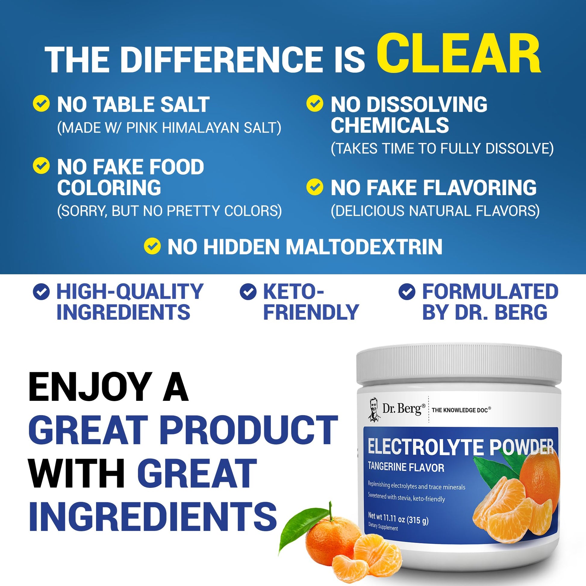Dr. Berg Zero Sugar Hydration Keto Electrolyte Powder - Enhanced w/ 1000 mg of Potassium & Real Pink Himalayan Salt (NOT Table Salt) - Tangerine Flavor Hydration Drink Mix Supplement - 50 Servings - Maple Wellness Supplements