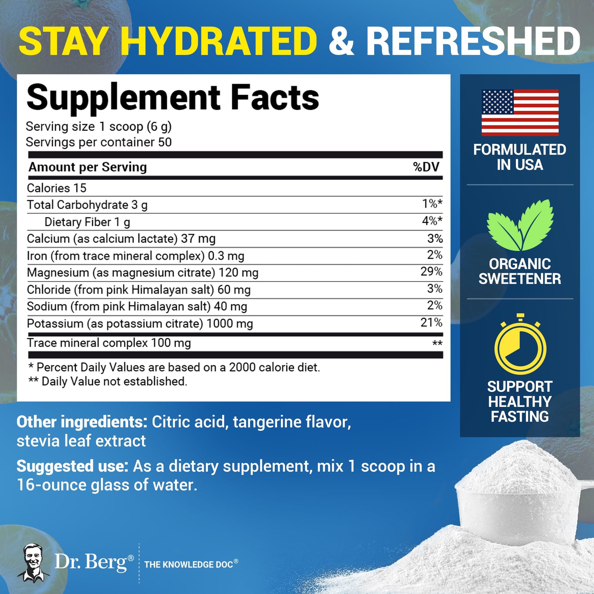 Dr. Berg Zero Sugar Hydration Keto Electrolyte Powder - Enhanced w/ 1000 mg of Potassium & Real Pink Himalayan Salt (NOT Table Salt) - Tangerine Flavor Hydration Drink Mix Supplement - 50 Servings - Maple Wellness Supplements