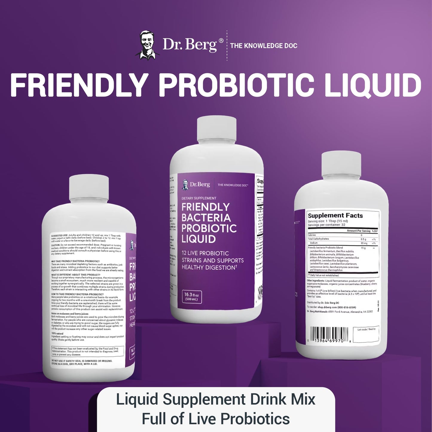 Dr. Berg's Friendly Probiotic Liquid Supplement Drink Mix w/ 12 Live Probiotics Strains - Maple Wellness Supplements