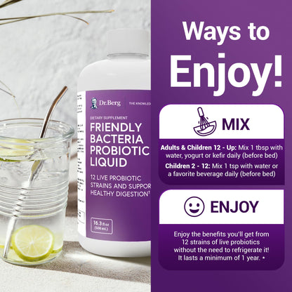 Dr. Berg's Friendly Probiotic Liquid Supplement Drink Mix w/ 12 Live Probiotics Strains - Maple Wellness Supplements