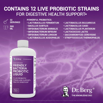 Dr. Berg's Friendly Probiotic Liquid Supplement Drink Mix w/ 12 Live Probiotics Strains - Maple Wellness Supplements
