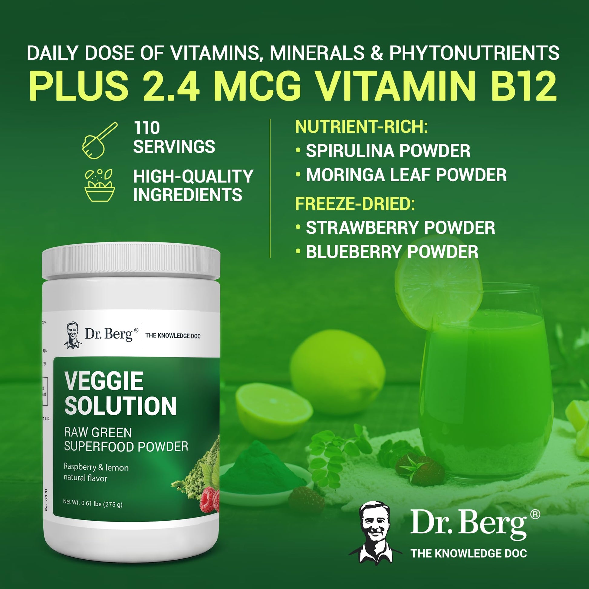 Dr. Berg's (Veggie Solution) Organic Super Greens Powder w/Spirulina - Raw Green - Maple Wellness Supplements