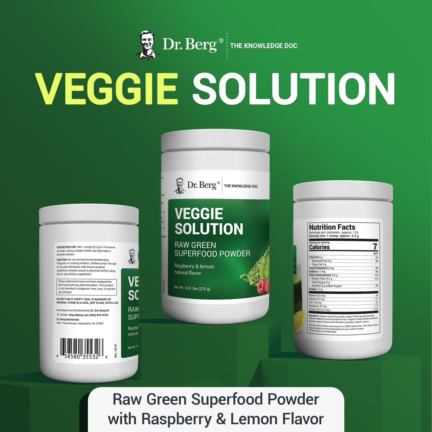Dr. Berg's (Veggie Solution) Organic Super Greens Powder w/Spirulina - Raw Green - Maple Wellness Supplements