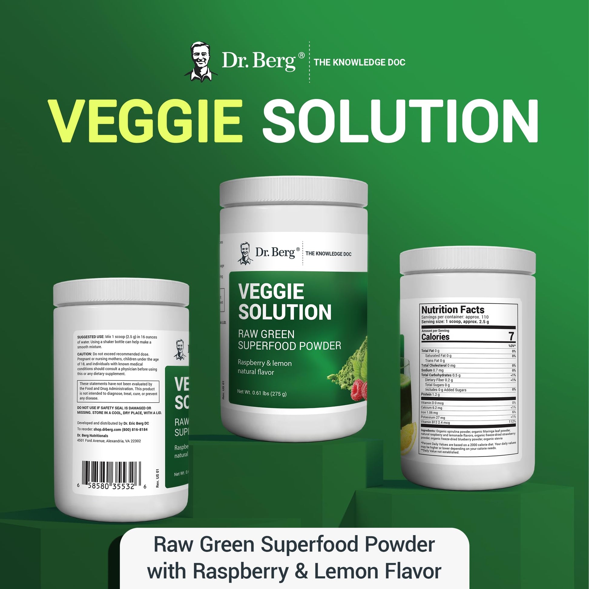 Dr. Berg's (Veggie Solution) Organic Super Greens Powder w/Spirulina - Raw Green - Maple Wellness Supplements